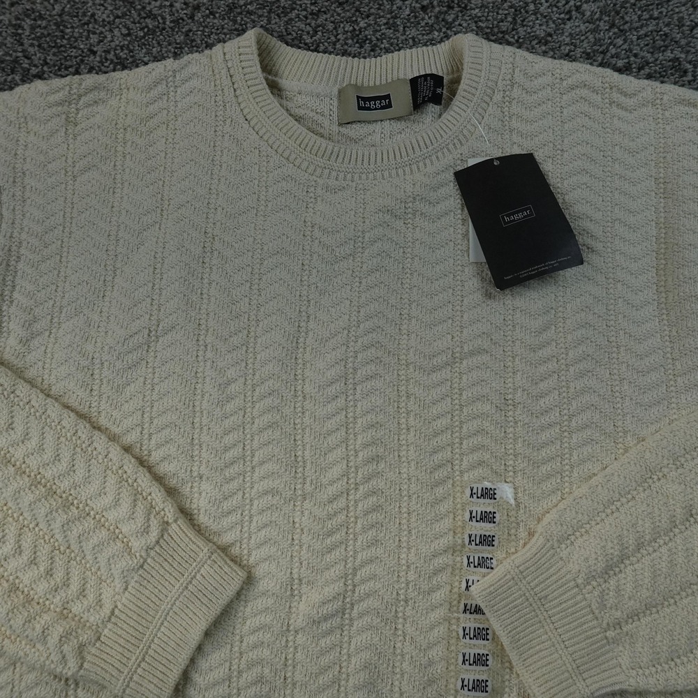 NEW Haggar Sweater Mens XL White Beige Cable Knit‎ Pullover Crewneck Sweatshirt